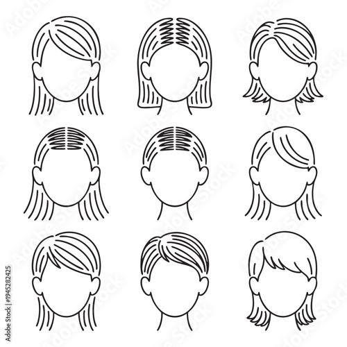 Nine different hairstyles for women with straight hair in black and white line black and white