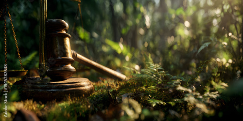 Global environmental law is symbolized by a gavel, scales of justice, and the concept of environmental protection.