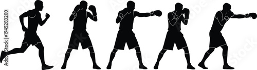 Boxer silhouette set, boxing athlete punching action poses black vector illustration isolated on white background