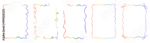Retro whimsical rainbow gradient frame set with scalloped and wavy hand-drawn borders. Vibrant multicolored frames for greeting cards, menu, gift tags, and modern stationery. Vector illustration.