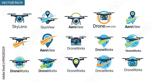 Collection of drone logos and icons for technology and aviation.