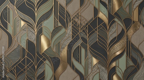 Elegant Art Deco seamless pattern with stylized botanical elements and golden outlines against a backdrop of deep grey and sage green. Luxurious vintage-inspired wallpaper.