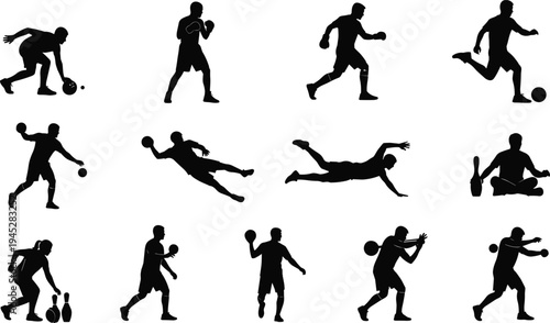 Bowling player silhouette set, men athletes throwing ball and knocking pins vector illustration isolated on white background