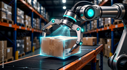 Close-Up of Warehouse Robot Gripper Precisely Picking Luminous Package from Automated Shelf System with Cyan Joint Sensors and Holographic Selection Beam Highlighting