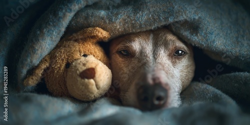 Wallpaper Mural Senior mixed breed dog cuddling plush teddy under thick blue blanket on dark blurred bed background, sleepy pet eyes glowing in soft evening light, concept of comfort and emotional support Torontodigital.ca
