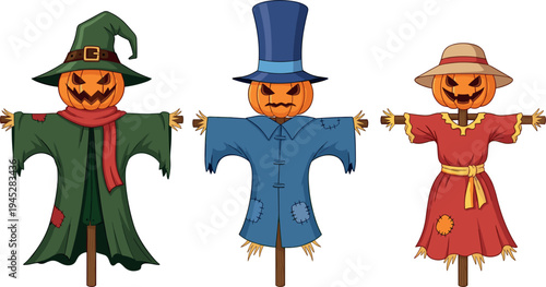 Halloween scarecrow characters with pumpkin heads in different costumes, spooky autumn harvest cartoon vector illustration set