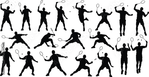 Cad drawing flat vector illustration, badminton player silhouette collection showing various smash serve and jump shot action poses