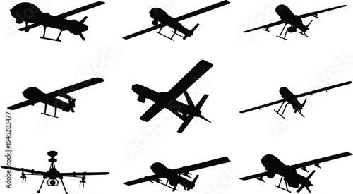 Military surveillance drone set, unmanned combat aerial vehicle silhouettes shown from different angles for modern warfare technology defense aviation and UAV system concepts.