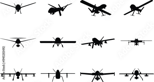 Unmanned combat aerial vehicles collection, military surveillance drone vectors in multiple angles representing modern warfare technology defense systems and advanced aviation design.