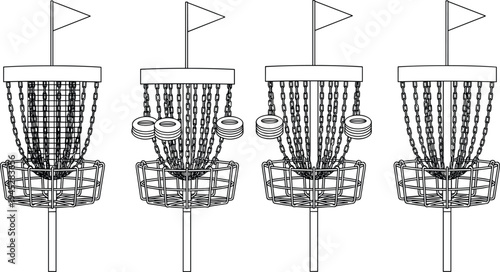 Cad drawing flat vector illustration, disc golf basket with chains and flying discs isolated sports equipment set