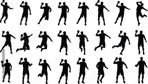 Cad drawing flat vector illustration, handball player silhouette collection showing jump throw pass and shooting action poses set