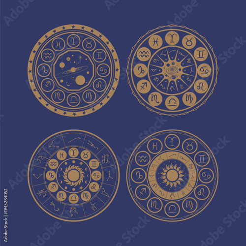 Astrology Zodiac Wheel Set with Constellations and Celestial Sun Moon Planets for Horoscope and Mystical Design