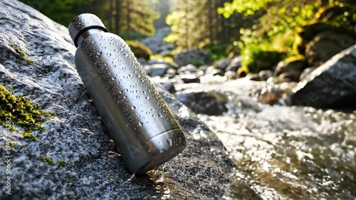 Metal water bottle on mossy rock beside flowing stream, sunlight illuminates lush forest. Glistening droplets capture tranquil outdoor nature