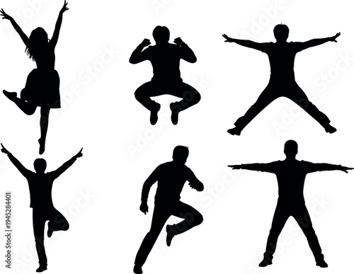 Set of active people silhouettes jumping dancing and posing in diverse energetic positions for sports fitness success and celebration concepts