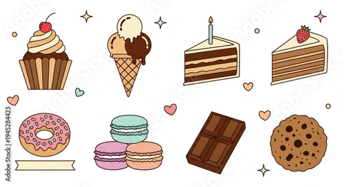 Collection of delicious sweet desserts and treats illustration.