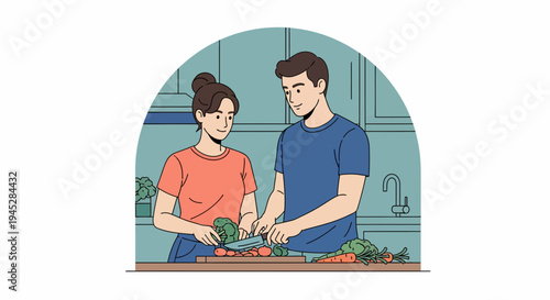Healthy Cooking Duo in Home Kitchen with Medical Insights [Cartoon Illustration]