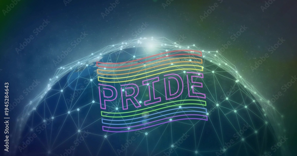 Fototapeta premium Glowing wireframe dome pulsing in space gradient, with neon PRIDE, rainbow stripes, glowing nodes