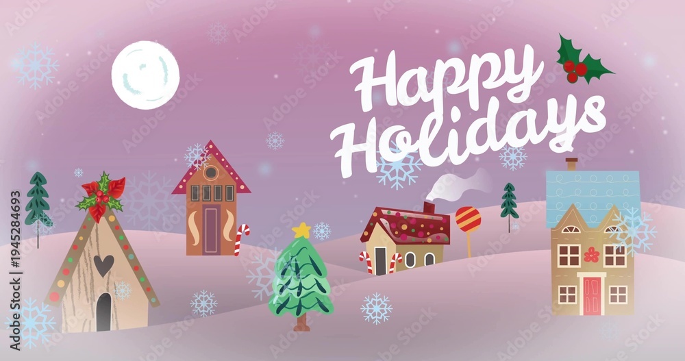 Obraz premium Showing Happy Holidays script with holly over pastel hills at dusk, central tree and five houses