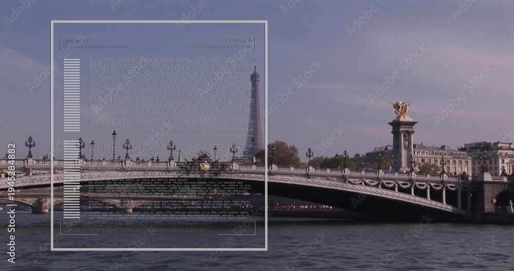 Naklejka premium Showing ornate bridge featuring gilded statues lamps over Seine in Paris, Eiffel Tower, HUD overlay