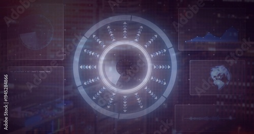 Animating central segmented circular HUD rotating within digital dashboard, with waveform panels