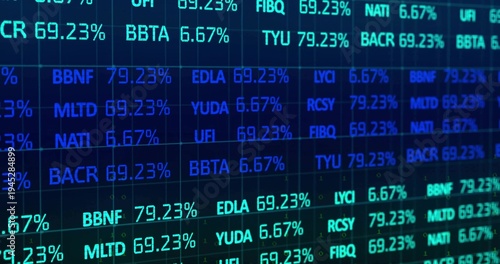 Displaying LED wall showing glowing tickers and percent values on trading floor, with grid lines