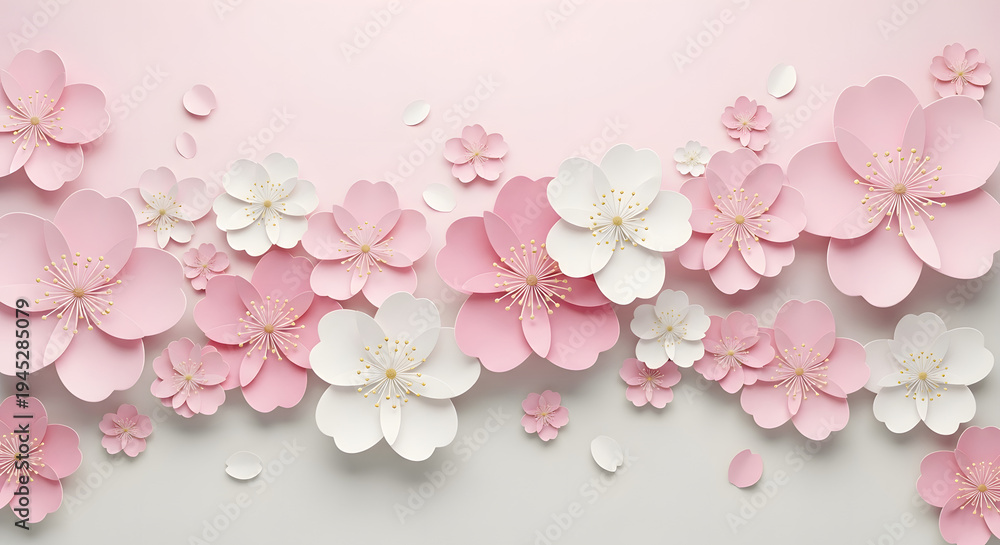 Fototapeta premium Delicate pink cherry blossoms scattered in a soft, dreamy arrangement