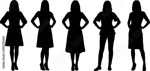 Set of five female silhouettes standing in confident poses wearing various dresses and business casual outfits for fashion and lifestyle design.