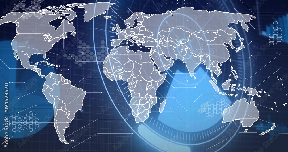 Fototapeta premium Displaying stylized world map with HUD rings on tech dashboard, hexagons, glowing nodes, data lines