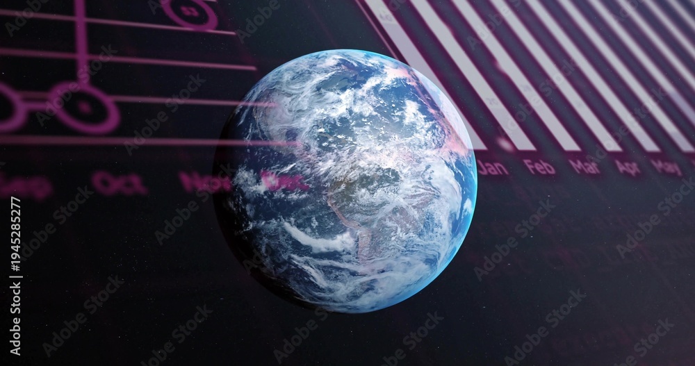 Fototapeta premium Floating Earth globe showing cloud patterns and terminator in starfield, displaying data overlays
