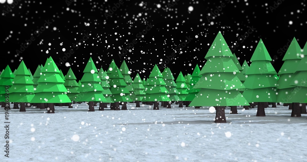 Fototapeta premium Showing stylized evergreen trees standing on snow-covered ground at night, with falling snowflakes