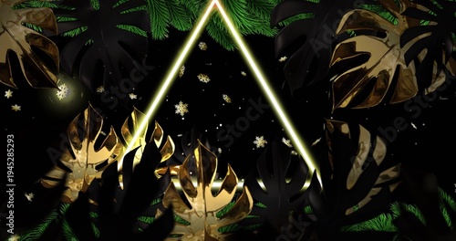 Konstfotografi Glowing neon triangle framing starry black field at digital backdrop, with gold