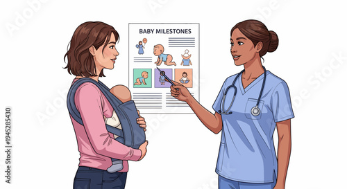 Healthcare Professional Explaining Baby Milestones to Mother in a Pediatric Office with Illustration
