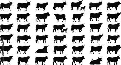 Cattle Silhouette Set, Cow And Bull Graphics, Farm Animal Poses, Livestock Vector Collection, Beef Agriculture Icons, Dairy Farm Illustration, Cad Drawing Flat Vector Illustration