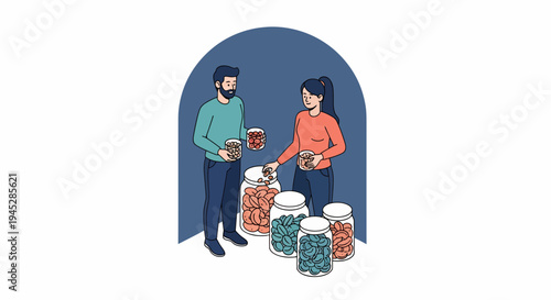 Friendly Healthcare Couple Discussing Treats Amid Candy Jars in a Cozy Store Illustration