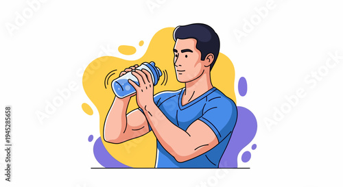 Medical Cartoon Illustration of Hydrating Man with Blue Bottle, Vibrant Healthcare and Wellness Themes