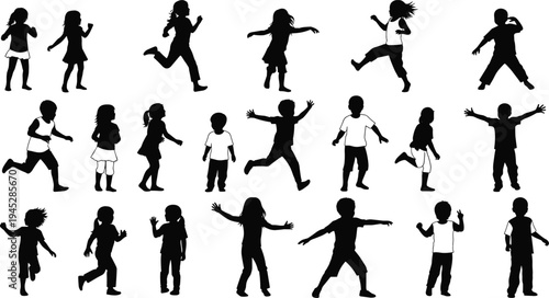 Children playing silhouette collection set, kids boys and girls active poses bundle, cad drawing flat vector illustration isolated on white background