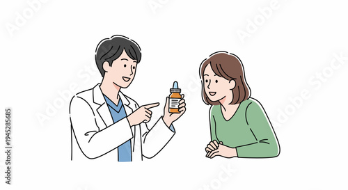 Cartoon Illustration Showing Healthcare and Medical Experts, Man in Lab Coat Explaining a Bottle to a Woman, Clinical Conversation