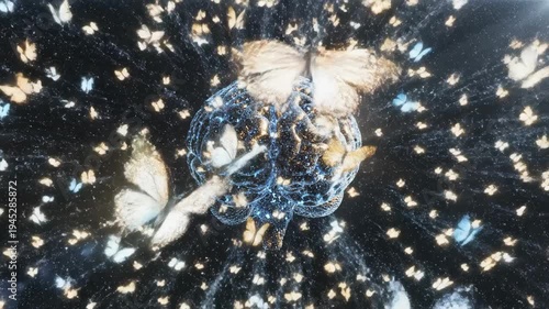 Abstract human head glowing with ethereal light, cosmic background, mesmerizing butterflies creating vibrant fantasy of consciousness