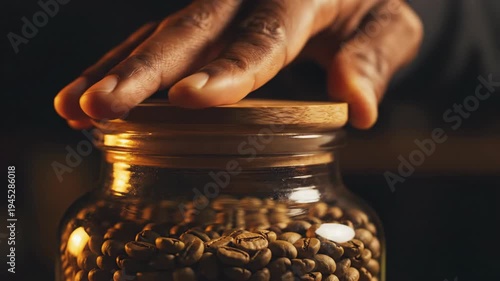 Dark skinned hand reaches, opens, then closes clear glass jar. Inside, fresh roasted coffee beans, preserving rich aroma for morning