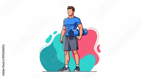 Energetic man in tshirt and shorts holding yoga mat, wearing shoes, before teal‑pink abstract backdrop, cartoon illustration from frontal viewpoint