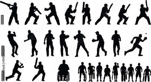 Cricket players silhouettes set, batting bowling fielding action poses black vector collection isolated sports illustration design