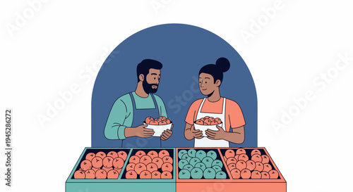 Front view of a friendly graphic showing a man and woman serving fruit at a colorful fruit stand beneath a blue semicircle on a white background