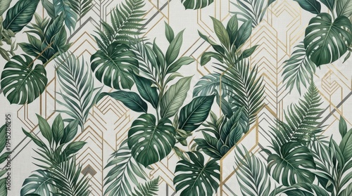 Elegant Seamless Pattern of Lush Green Tropical Leaves with Golden Art Deco Geometric Background. Modern Botanical Wallpaper or Fabric Design Featuring Monstera and Palm Foliage.