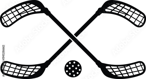 Crossed floorball sticks and ball silhouette icon, indoor hockey sport symbol, cad drawing flat vector illustration isolated on white background
