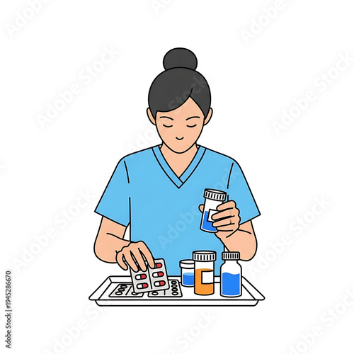 Pharmacist preparing and sorting medicines on a pharmacy counter.