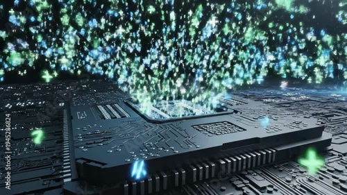 Microchip circuit board unleashes dynamic green and blue digital data. Modern computing technology streams rapidly, processing information flow