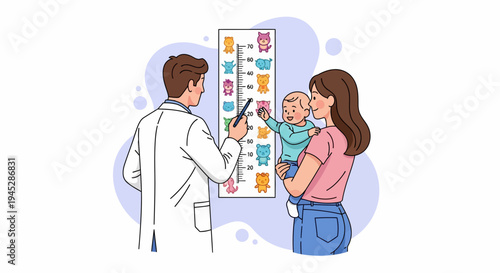 Doctor explains growth chart to woman holding baby during pediatric consultation illustration, cartoon style, white studio view