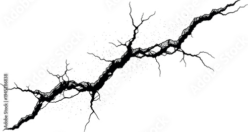 Grunge crack vector illustration with branching fracture texture isolated on light background for earthquake damage and broken surface design