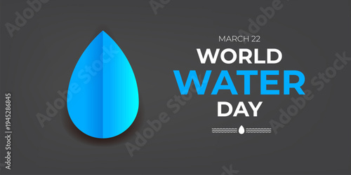 World Water Day banner with blue water drop and wave. Minimalist March 22 awareness poster for environment and ecology on dark grey background. Vector illustration for clean water conservation
