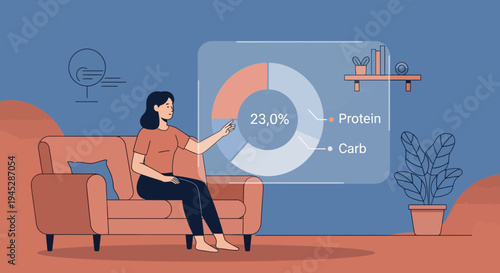 Woman analyzing nutrition data on transparent screen while lounging on couch in modern living room, captured from eye-level view
